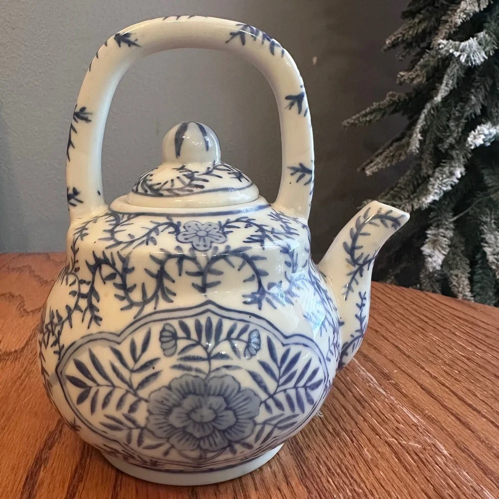 Vintage Teapot Small Blue White Chinoiserie Floral Ceramic Decor